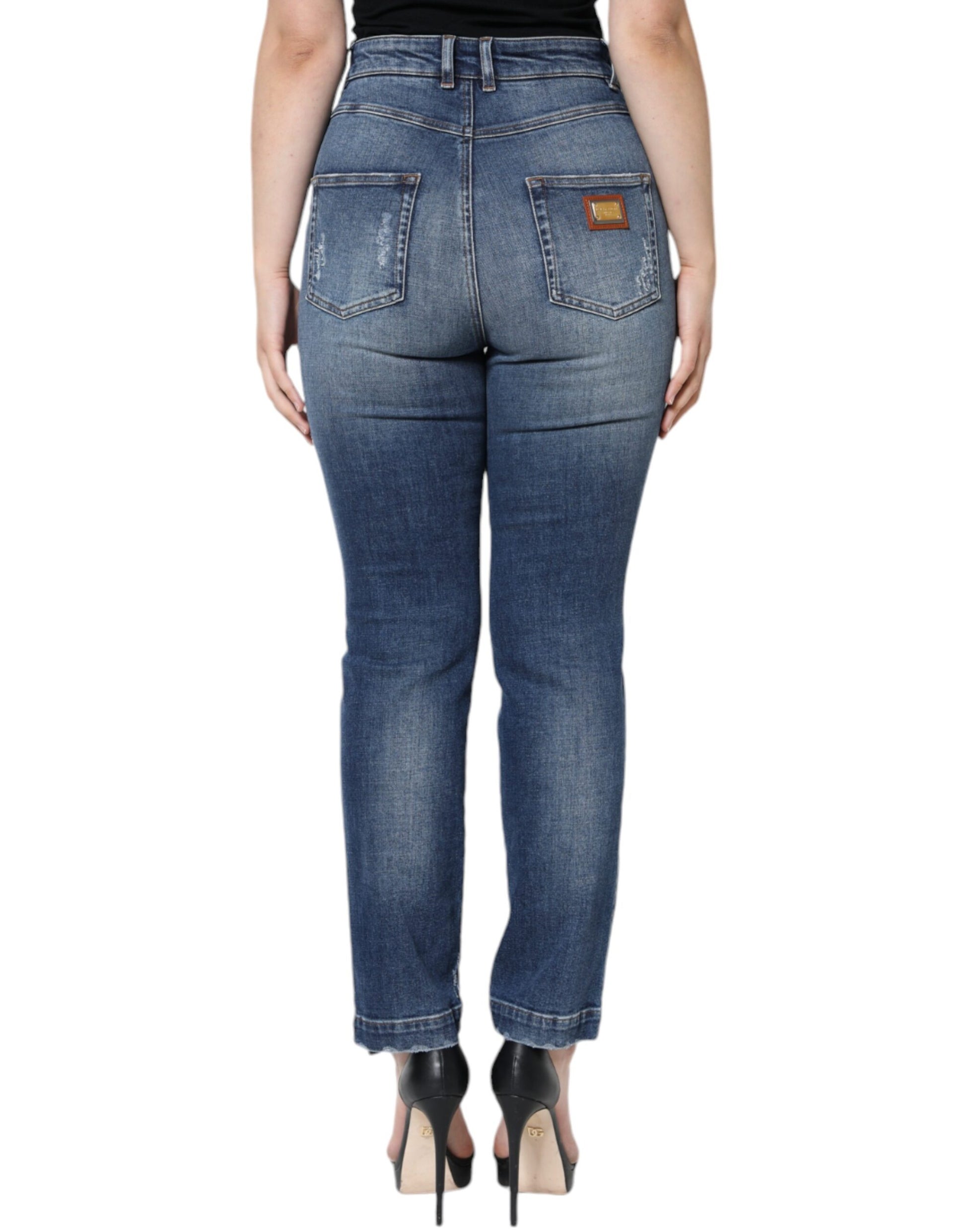 Dolce & Gabbana Dark Blue Cotton Tattered Skinny Denim Jeans Dolce & Gabbana