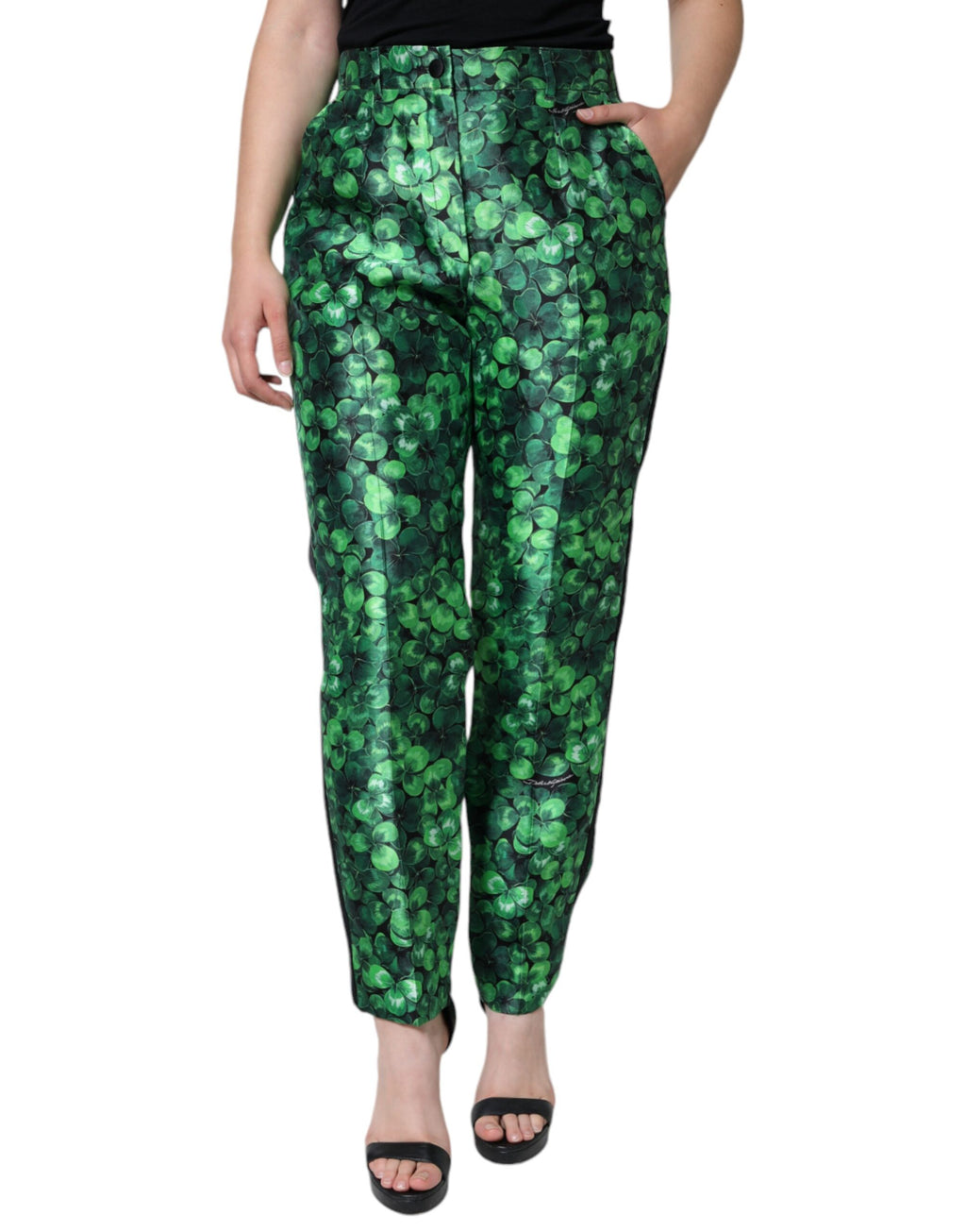 Dolce & Gabbana Green Clover Silk Satin High Waist Tapered Pants - Eljoys Fashion 