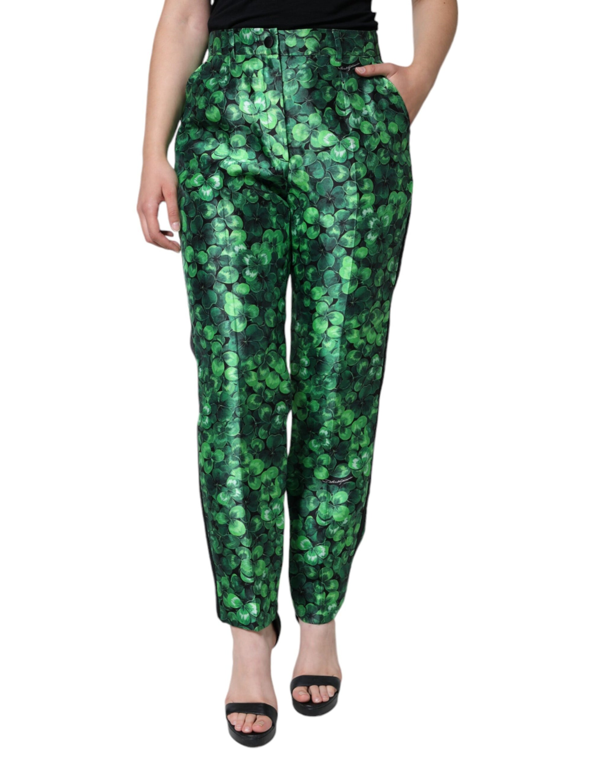 Dolce & Gabbana Green Clover Silk Satin High Waist Tapered Pants Dolce & Gabbana