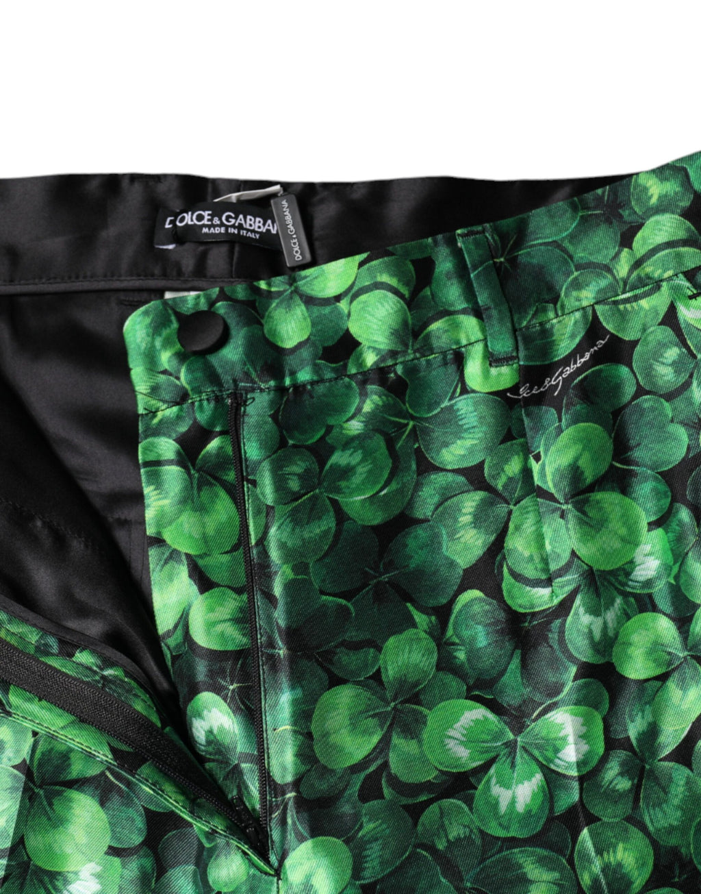 Dolce & Gabbana Green Clover Silk Satin High Waist Tapered Pants - Eljoys Fashion 