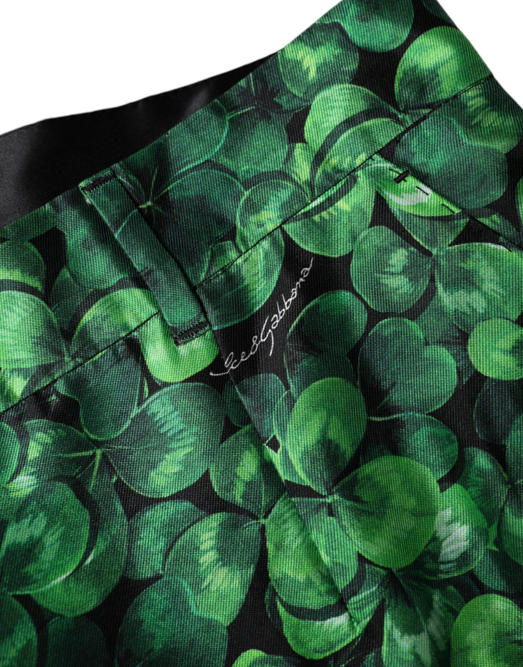 Dolce & Gabbana Green Clover Silk Satin High Waist Tapered Pants - Eljoys Fashion 