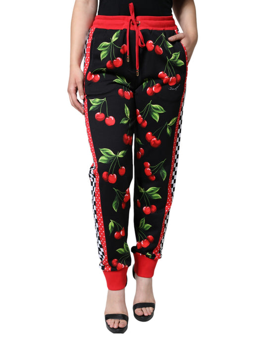 Dolce & Gabbana Black Red Cherry Mid Waist Jogger Pants Dolce & Gabbana