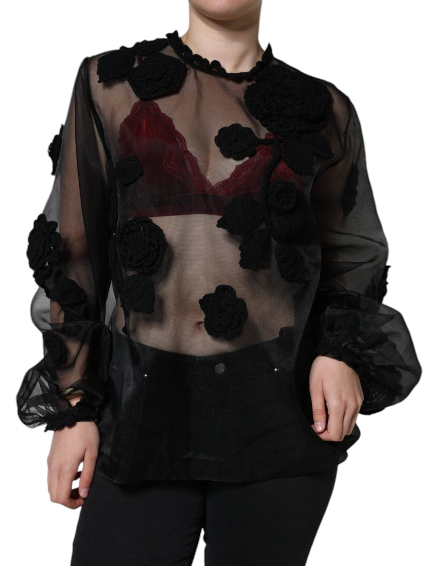 Dolce & Gabbana Black Nylon Mesh Transparent Floral Blouse Dolce & Gabbana