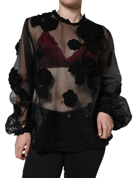 Dolce & Gabbana Black Nylon Mesh Transparent Floral Blouse Dolce & Gabbana