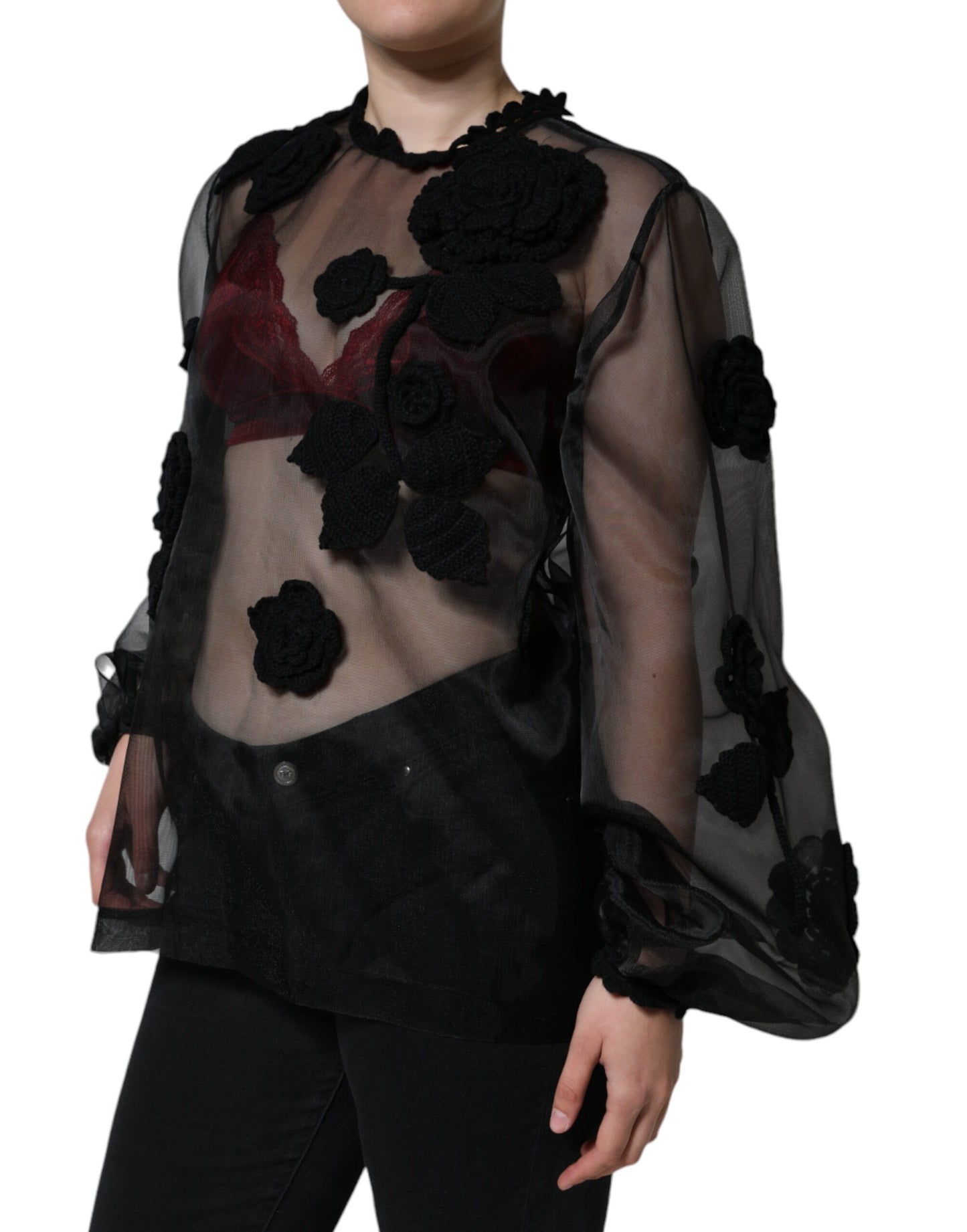 Dolce & Gabbana Black Nylon Mesh Transparent Floral Blouse Dolce & Gabbana