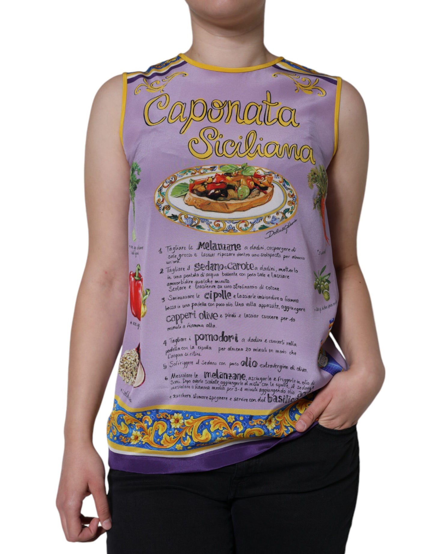 Dolce & Gabbana Purple Silk Caponata Siciliana Print Tank Top Dolce & Gabbana