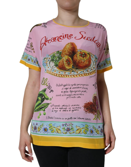 Dolce & Gabbana Pink Silk Araneine Siciliana Print Short Sleeves Top Dolce & Gabbana