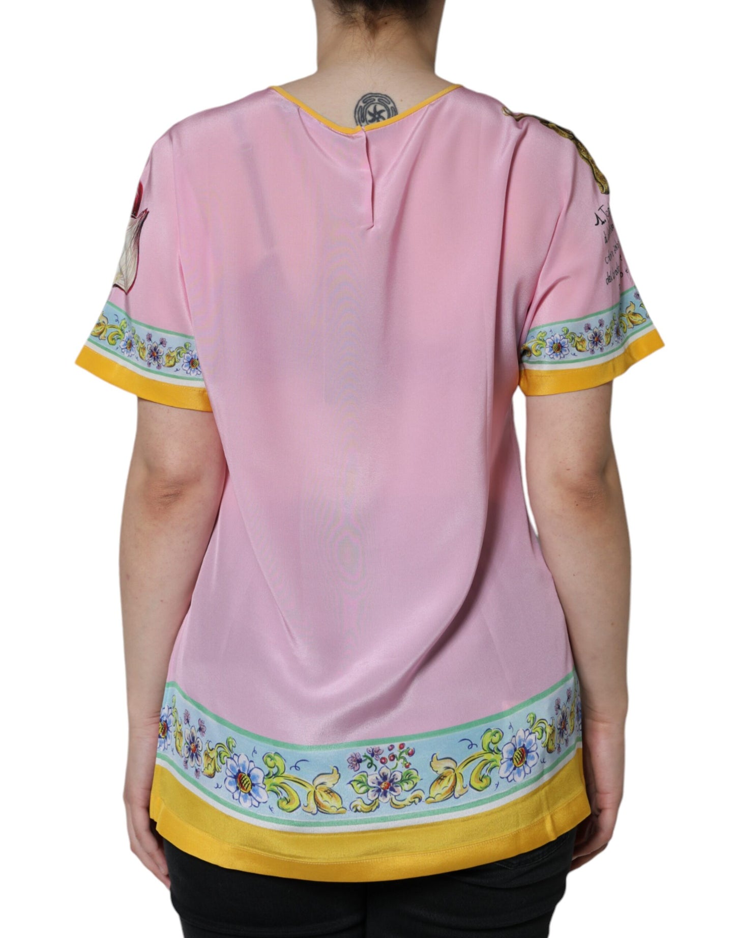 Dolce & Gabbana Pink Silk Araneine Siciliana Print Short Sleeves Top Dolce & Gabbana