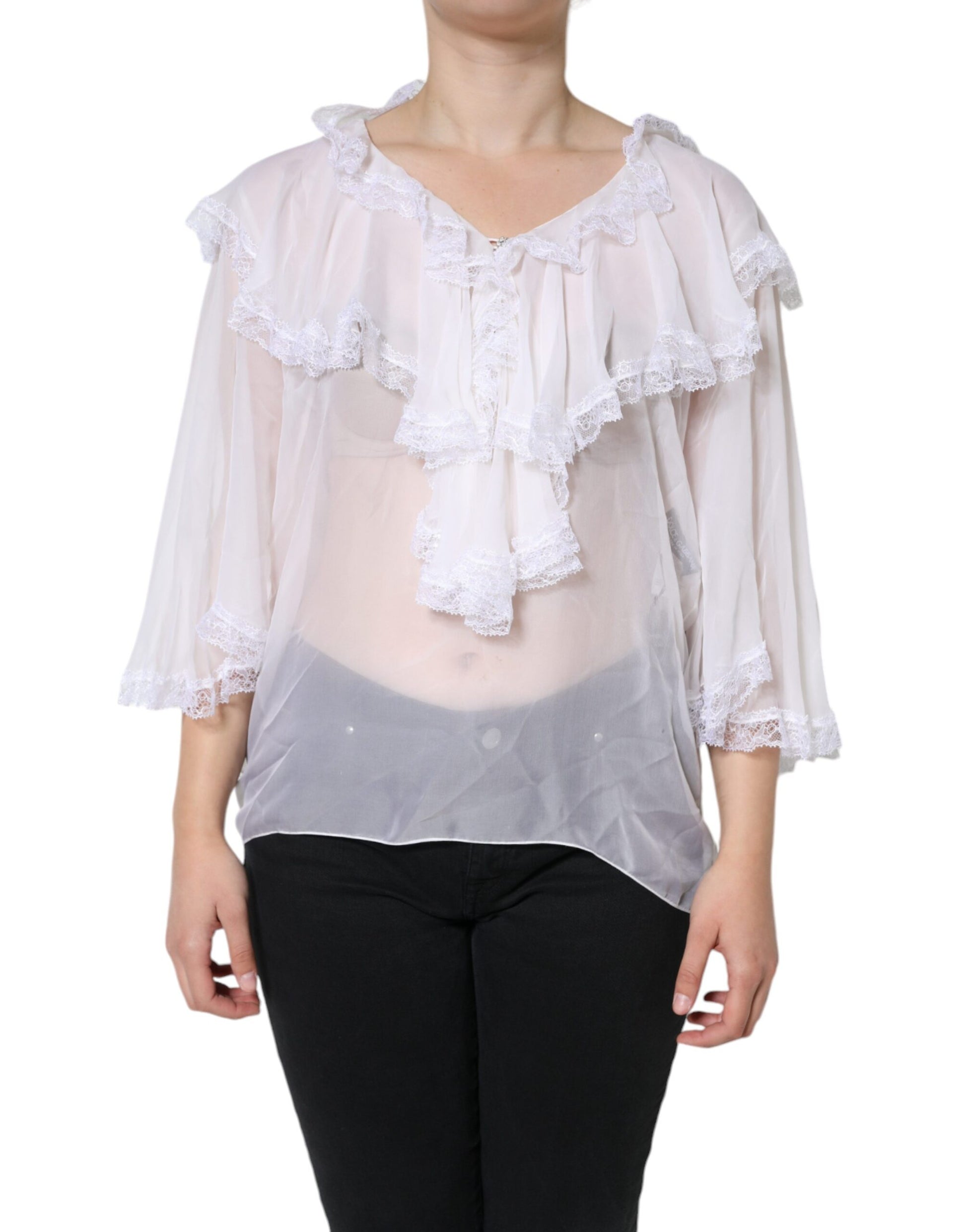 Dolce & Gabbana White Ruffles Lace Long Sleeve Blouse Top Dolce & Gabbana
