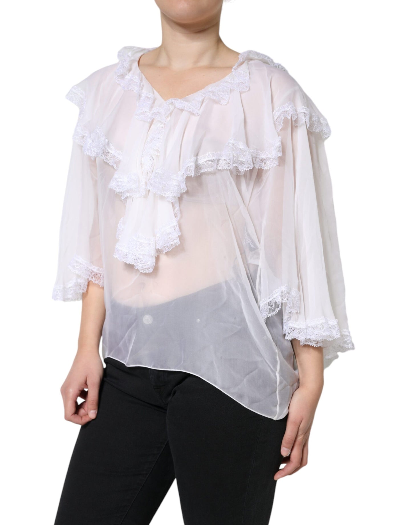Dolce & Gabbana White Ruffles Lace Long Sleeve Blouse Top Dolce & Gabbana