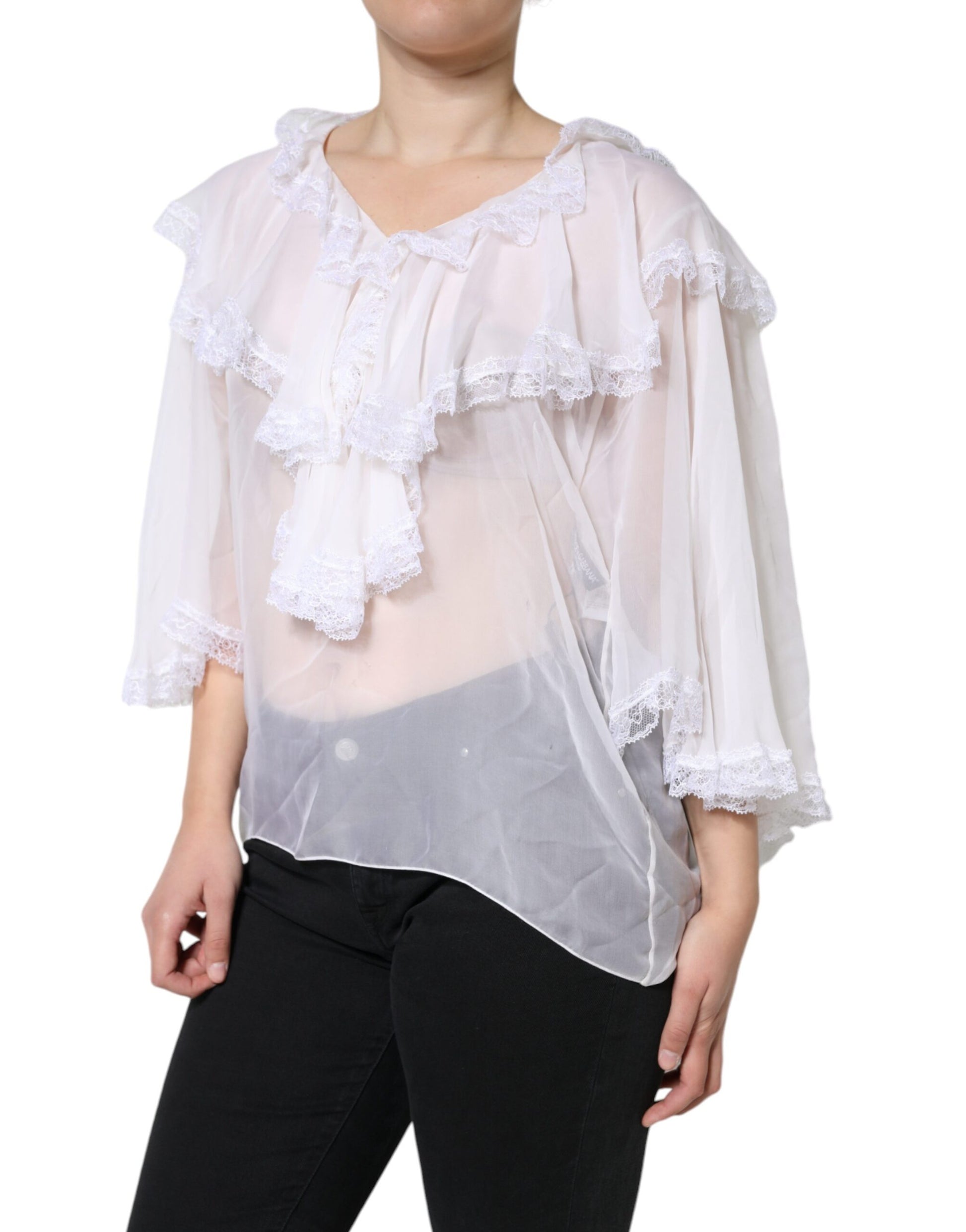 Dolce & Gabbana White Ruffles Lace Long Sleeve Blouse Top Dolce & Gabbana
