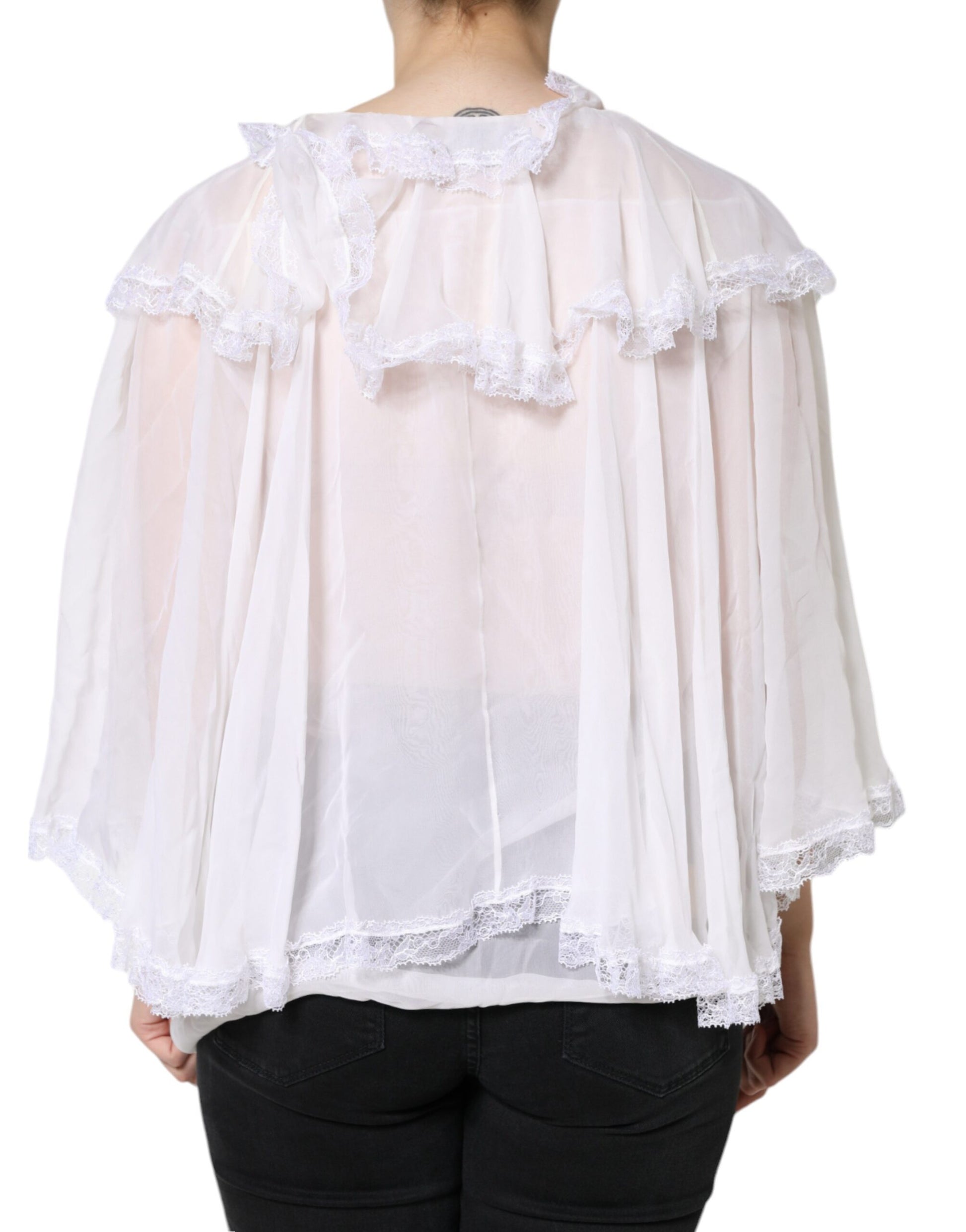 Dolce & Gabbana White Ruffles Lace Long Sleeve Blouse Top Dolce & Gabbana