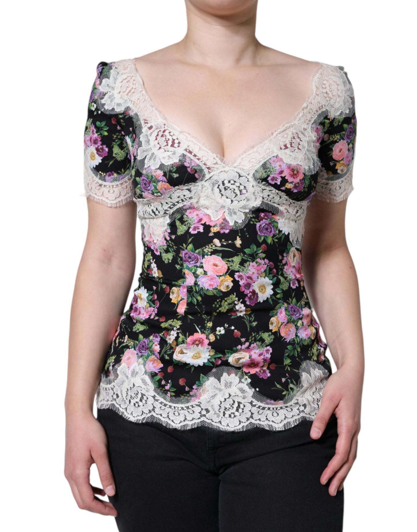 Dolce & Gabbana Black Floral Lace Short Sleeves Blouse Top Dolce & Gabbana