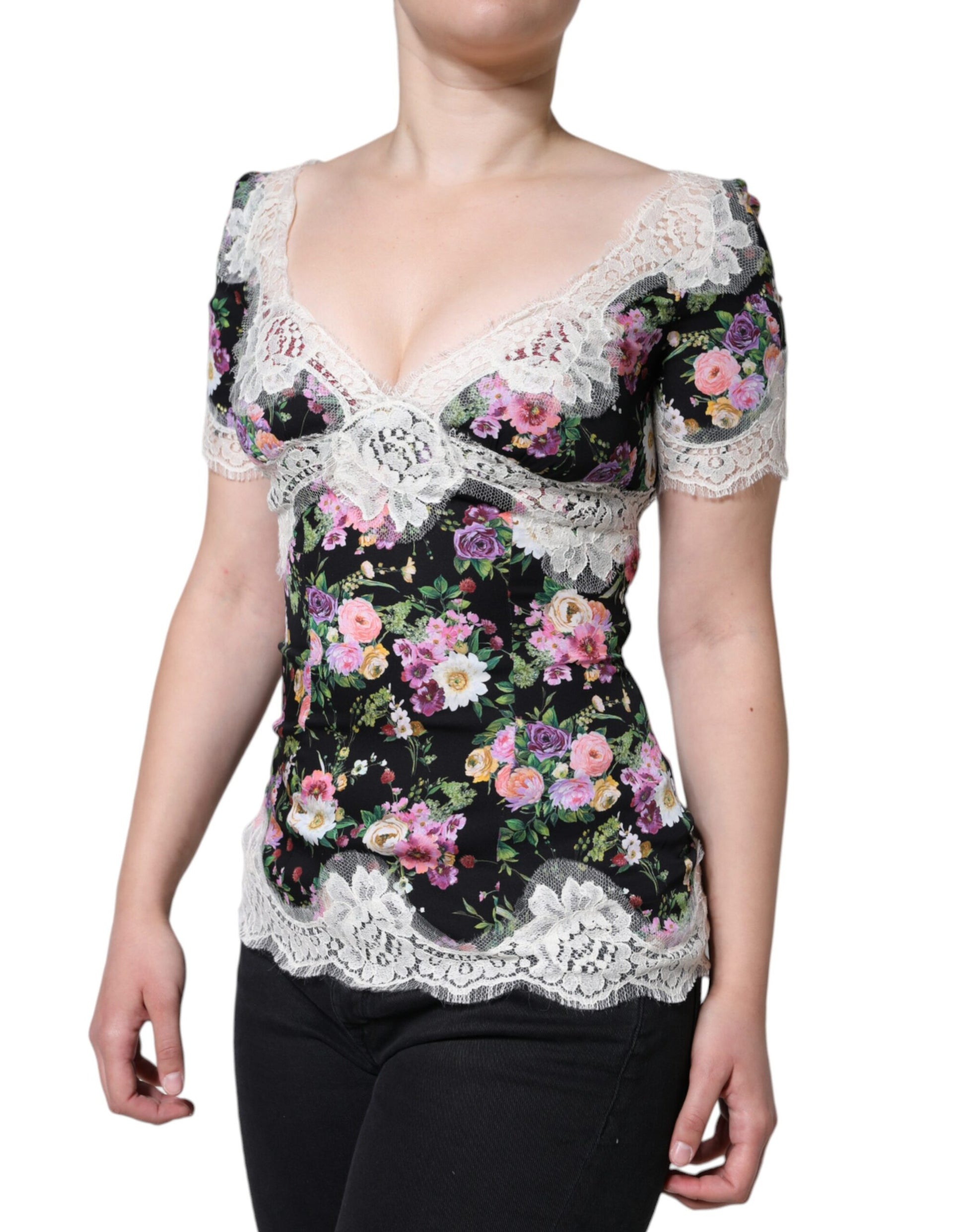 Dolce & Gabbana Black Floral Lace Short Sleeves Blouse Top Dolce & Gabbana