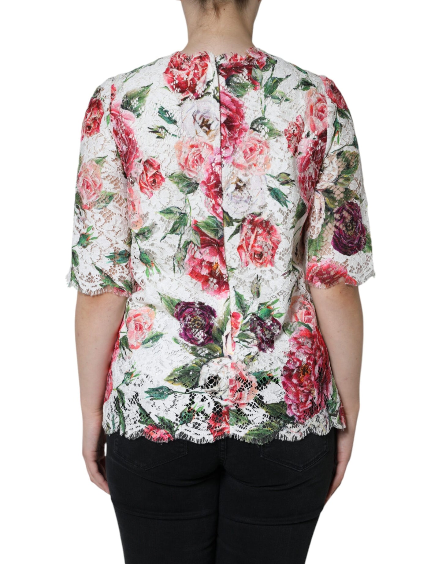 Dolce & Gabbana White Peony Lace Short Sleeves Blouse Top Dolce & Gabbana