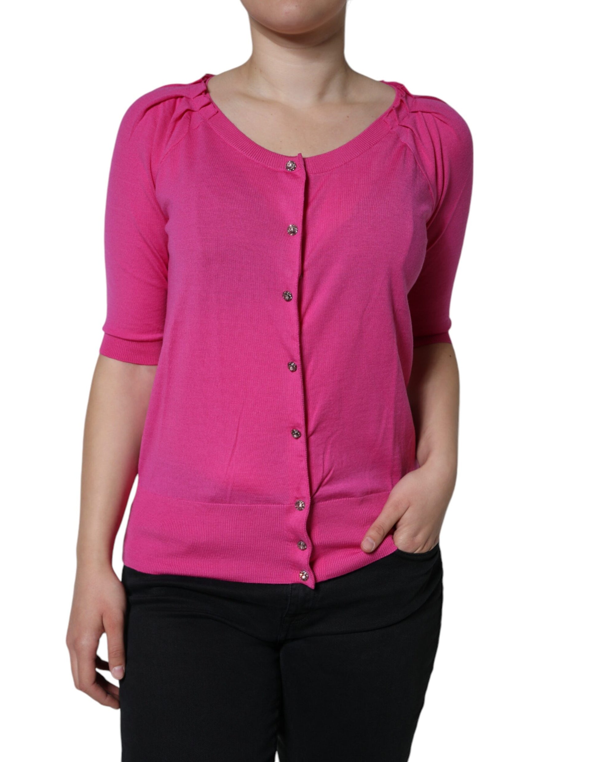 Dolce & Gabbana Pink Wool Button Down Short Sleeve Blouse Top Dolce & Gabbana