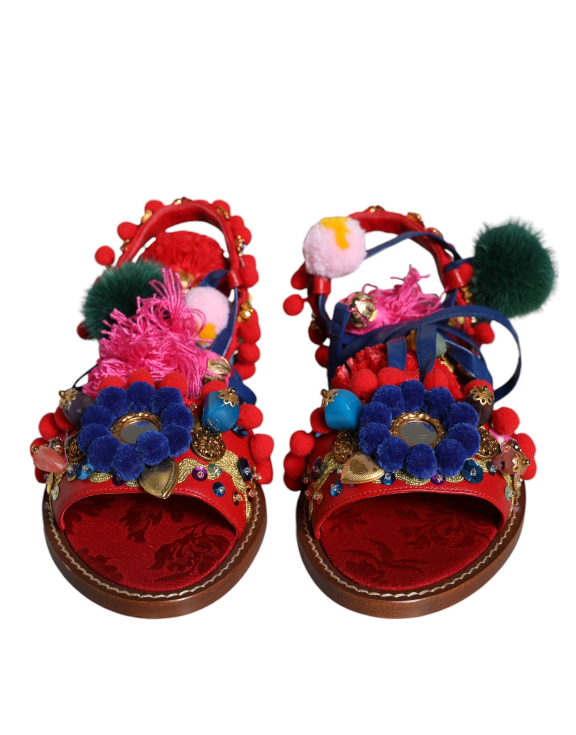 Dolce & Gabbana Multicolor Pom Pom Fur Wrap Sandals Shoes Dolce & Gabbana