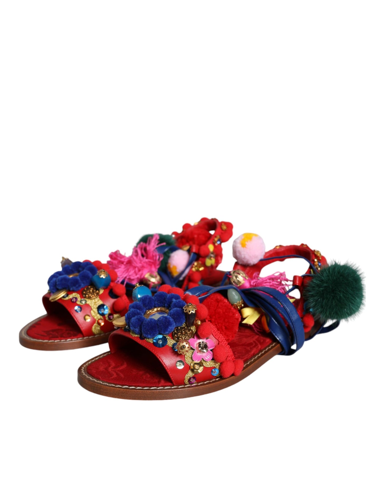 Dolce & Gabbana Multicolor Pom Pom Fur Wrap Sandals Shoes Dolce & Gabbana