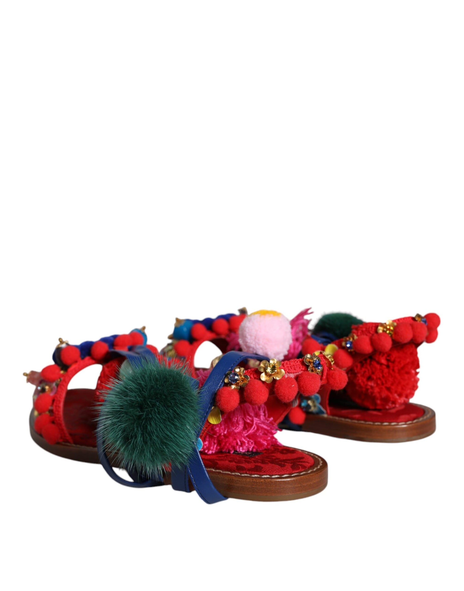 Dolce & Gabbana Multicolor Pom Pom Fur Wrap Sandals Shoes Dolce & Gabbana