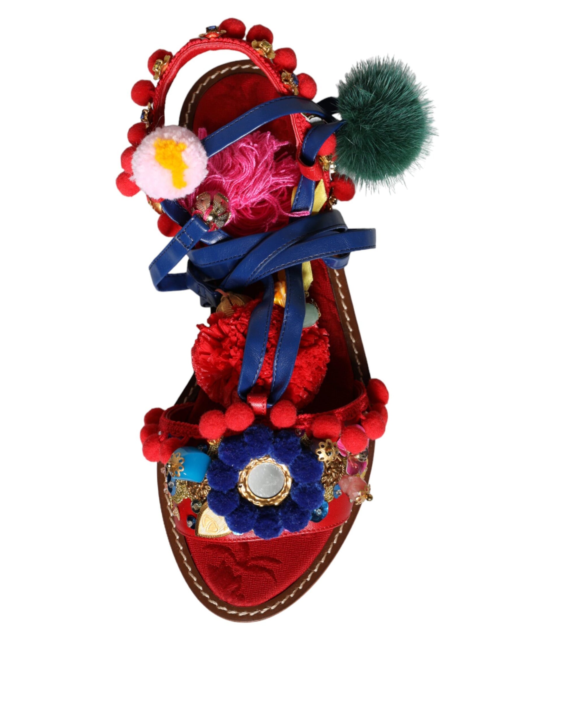 Dolce & Gabbana Multicolor Pom Pom Fur Wrap Sandals Shoes Dolce & Gabbana
