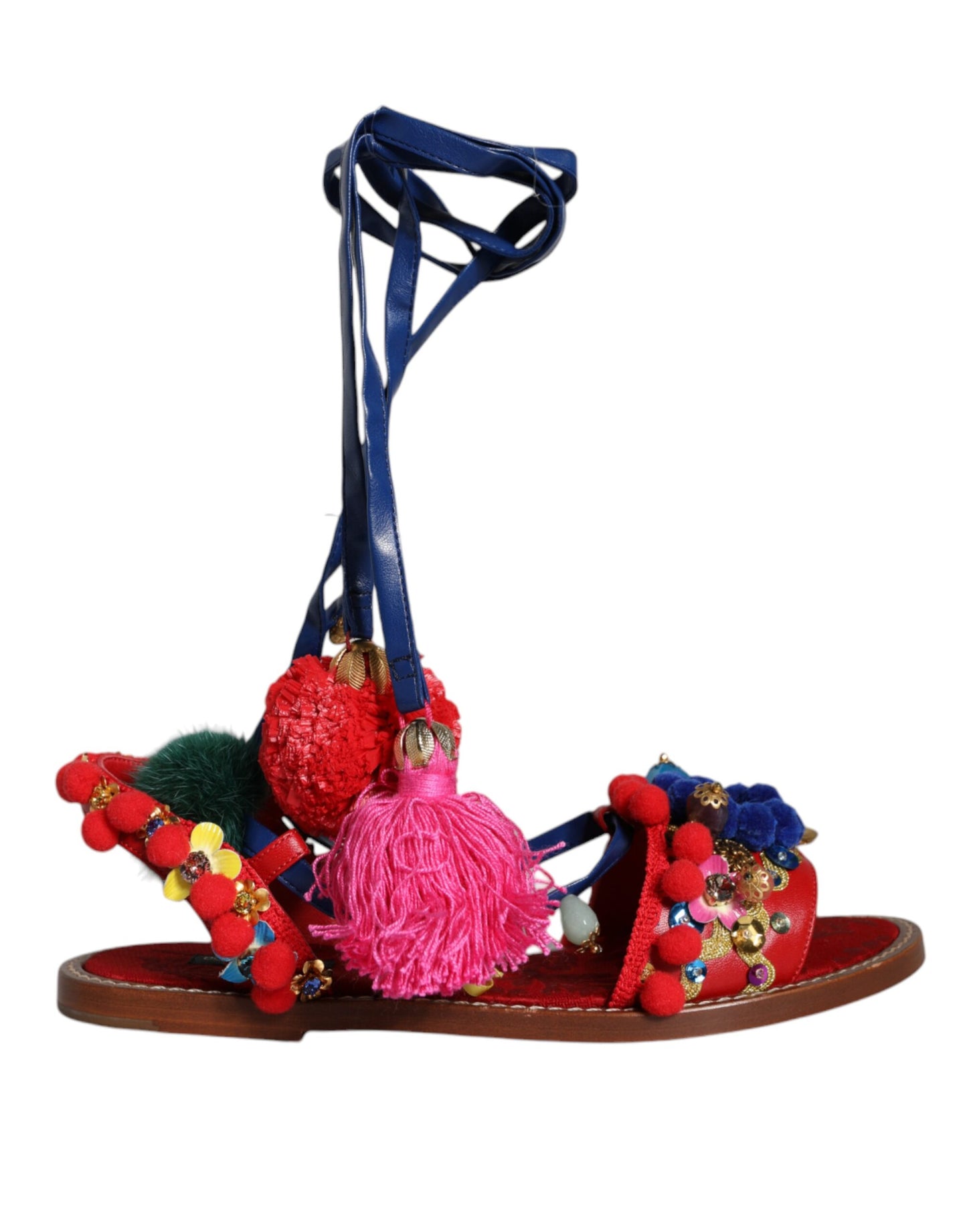 Dolce & Gabbana Multicolor Pom Pom Fur Wrap Sandals Shoes Dolce & Gabbana