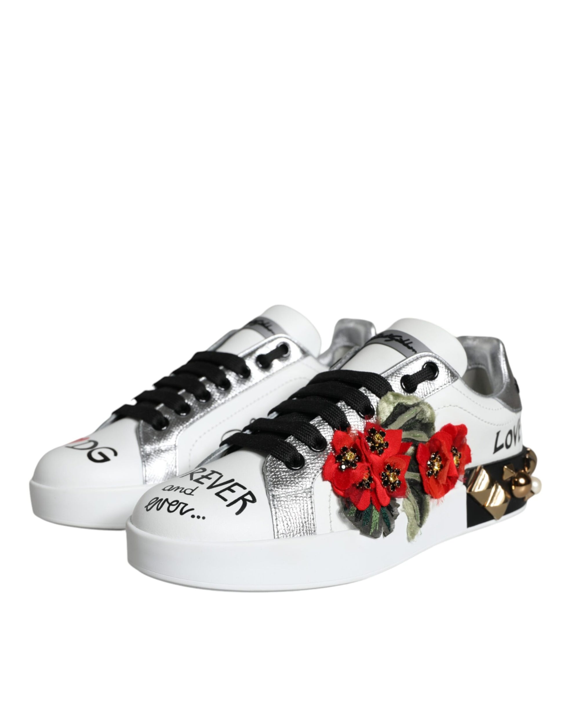 Dolce & Gabbana White Leather Floral Studded Sneakers Shoes Dolce & Gabbana
