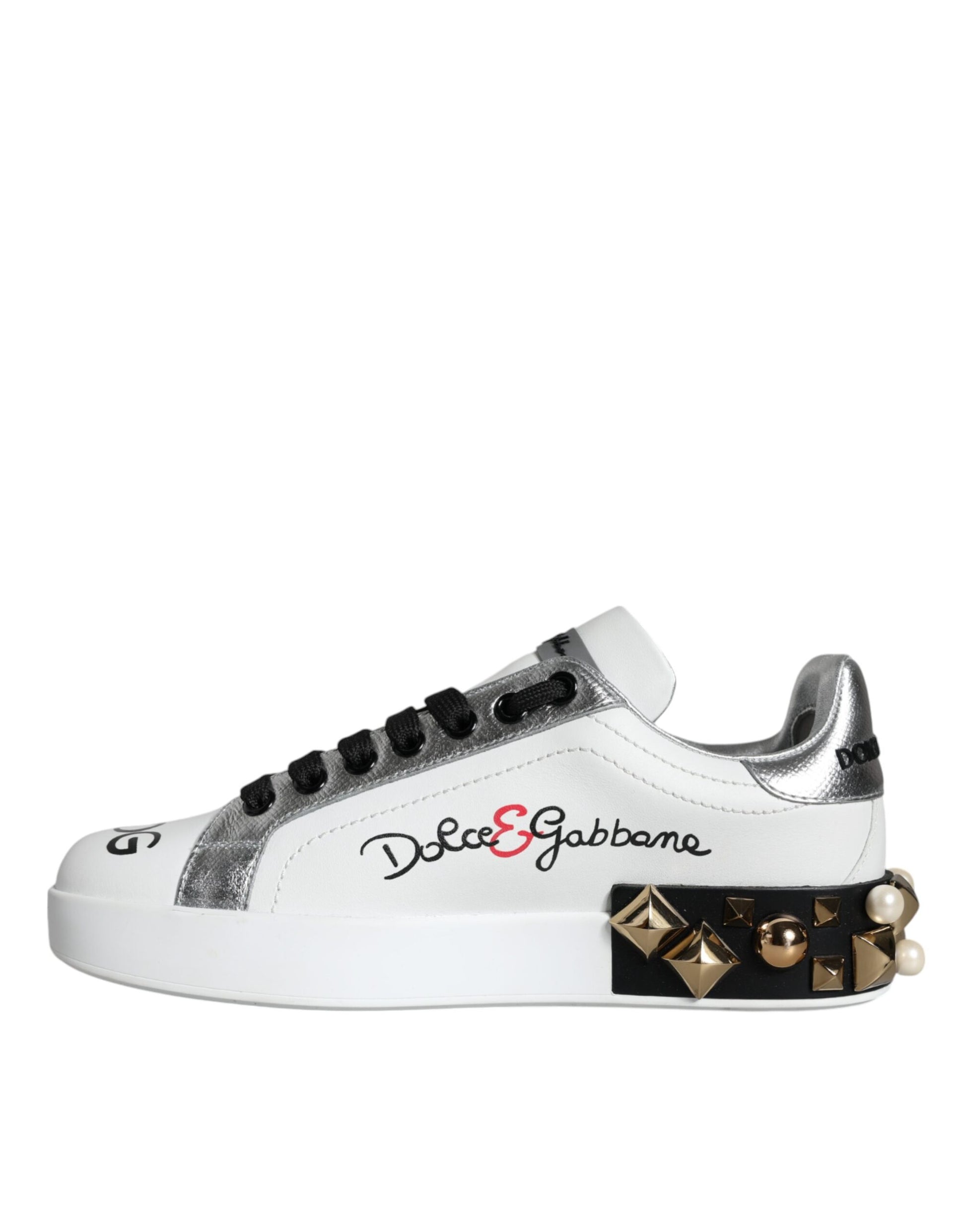 Dolce & Gabbana White Leather Floral Studded Sneakers Shoes Dolce & Gabbana