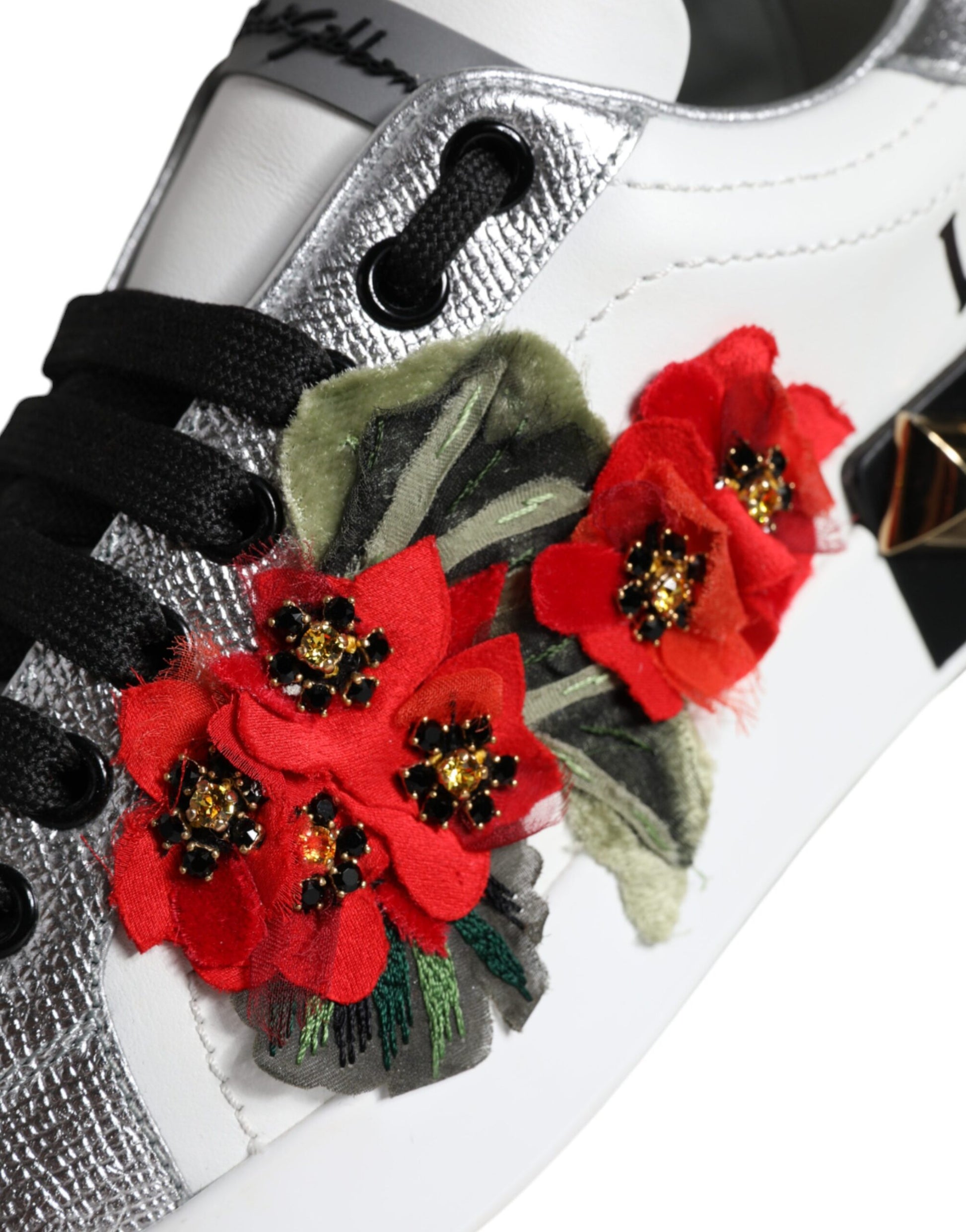 Dolce & Gabbana White Leather Floral Studded Sneakers Shoes Dolce & Gabbana