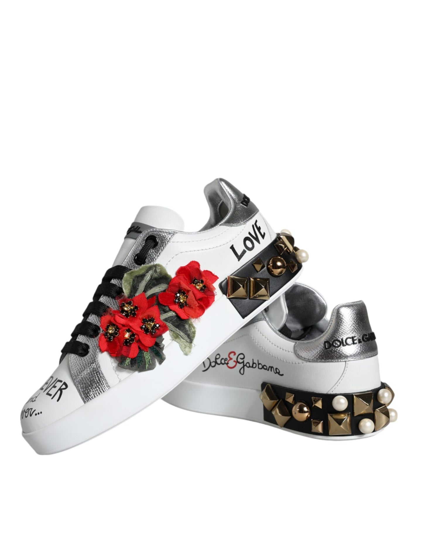 Dolce & Gabbana White Leather Floral Studded Sneakers Shoes Dolce & Gabbana