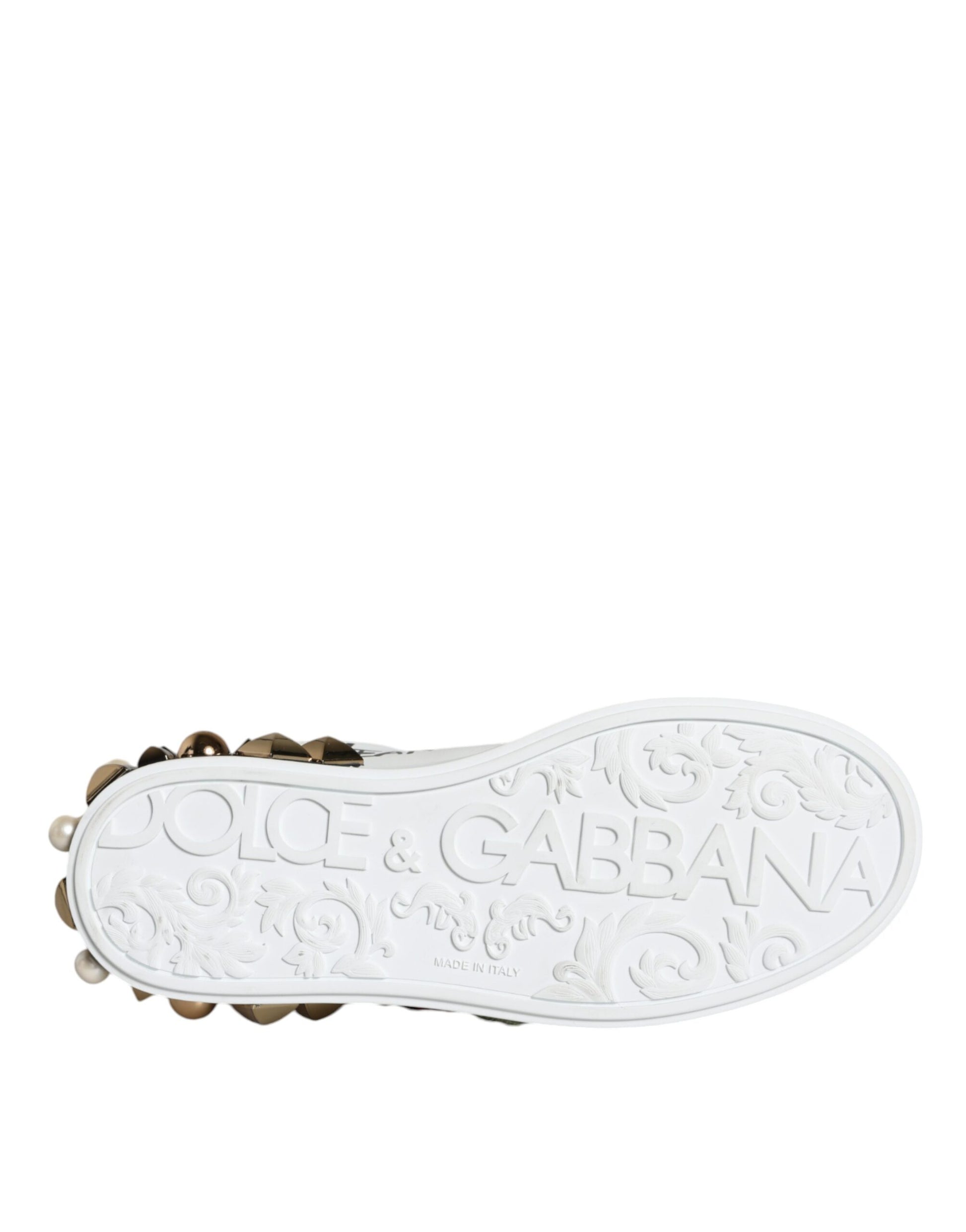Dolce & Gabbana White Leather Floral Studded Sneakers Shoes Dolce & Gabbana