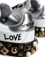 Dolce & Gabbana White Leather Floral Studded Sneakers Shoes