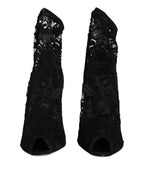 Dolce & Gabbana Black Lace Stretch Heels Mid Calf Boot Shoes - Eljoys Fashion 
