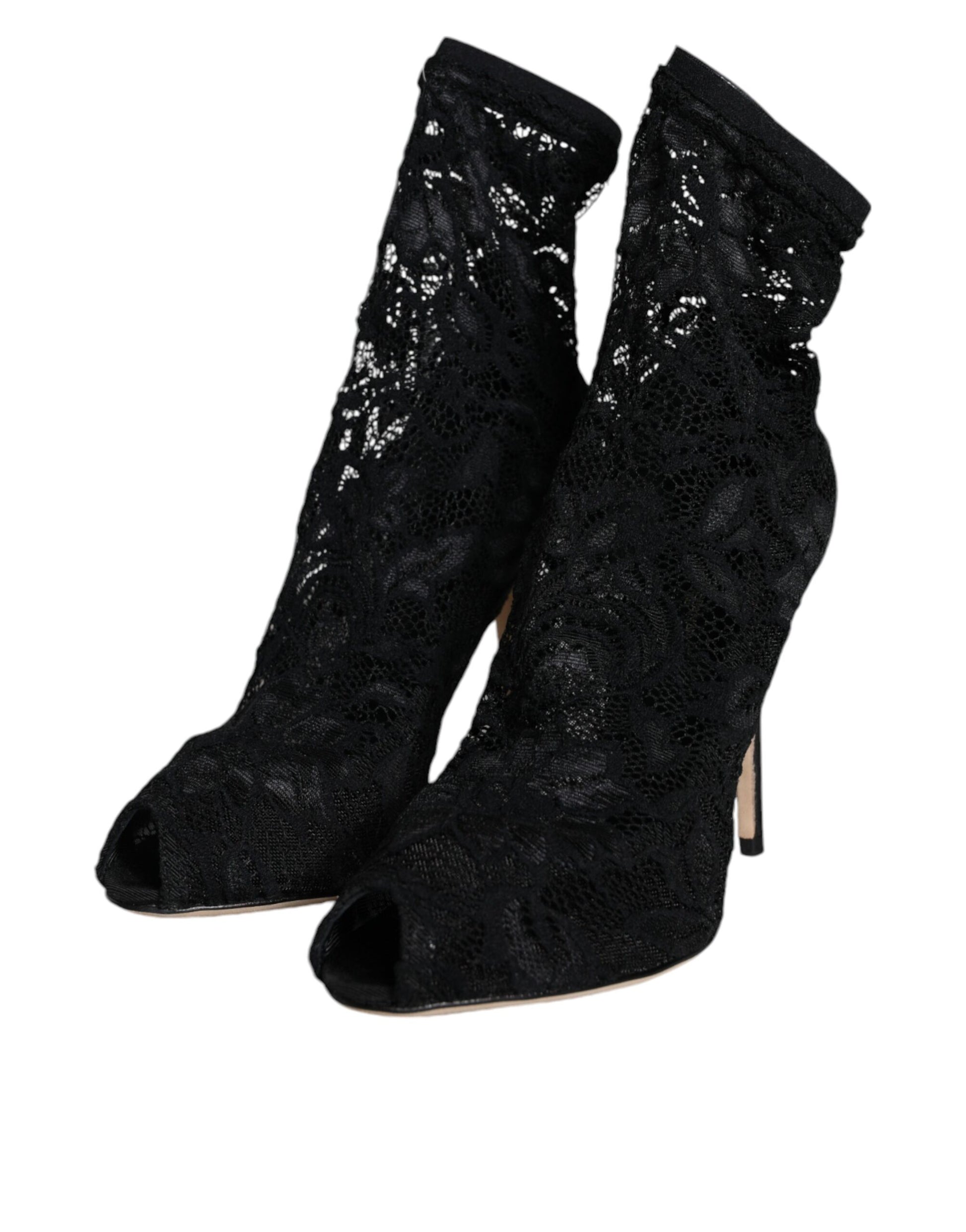 Dolce & Gabbana Black Lace Stretch Heels Mid Calf Boot Shoes Dolce & Gabbana