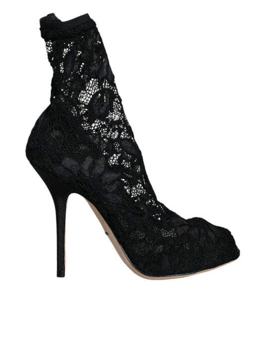 Dolce & Gabbana Black Lace Stretch Heels Mid Calf Boot Shoes Dolce & Gabbana