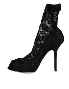 Dolce & Gabbana Black Lace Stretch Heels Mid Calf Boot Shoes - Eljoys Fashion 