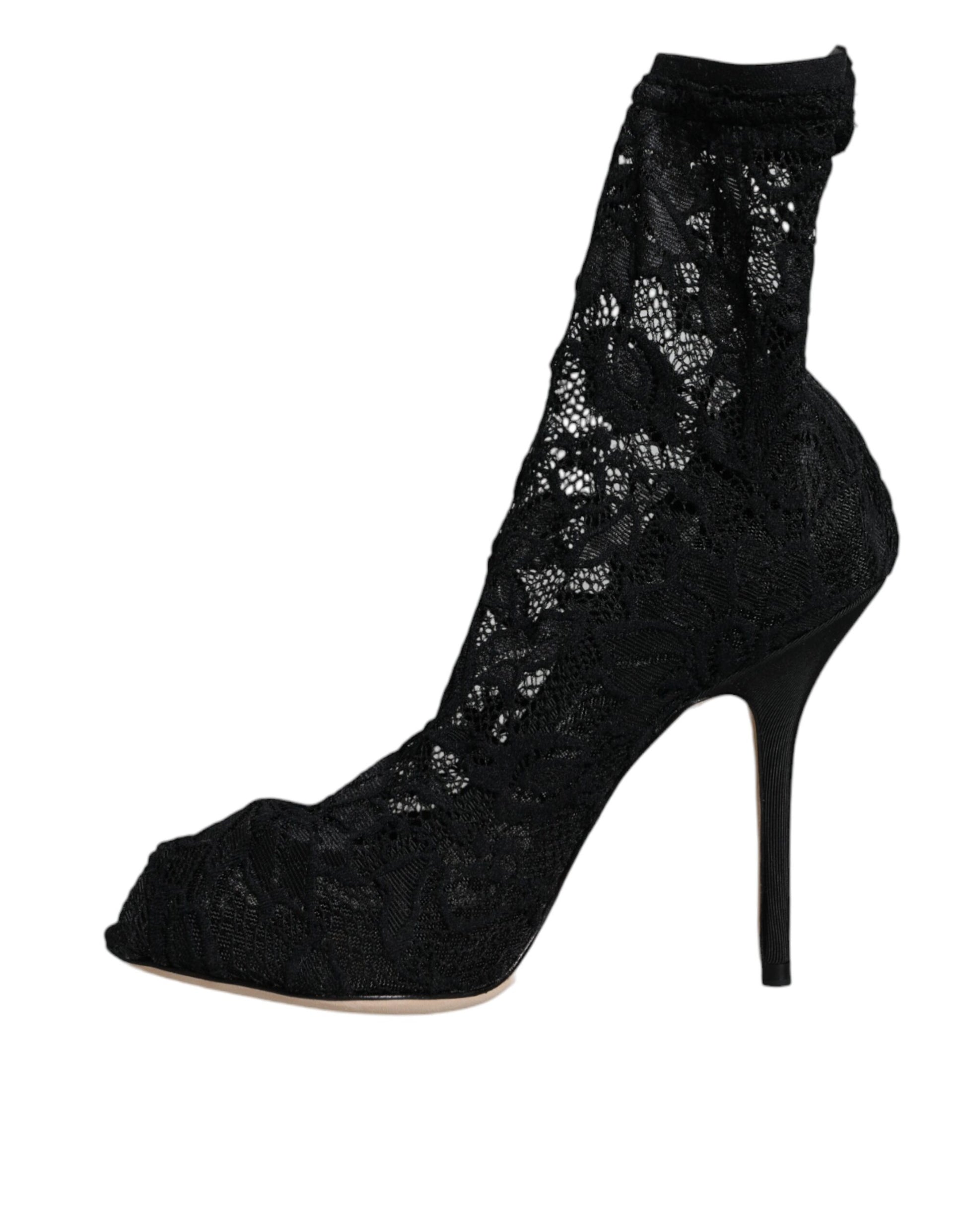 Dolce & Gabbana Black Lace Stretch Heels Mid Calf Boot Shoes Dolce & Gabbana