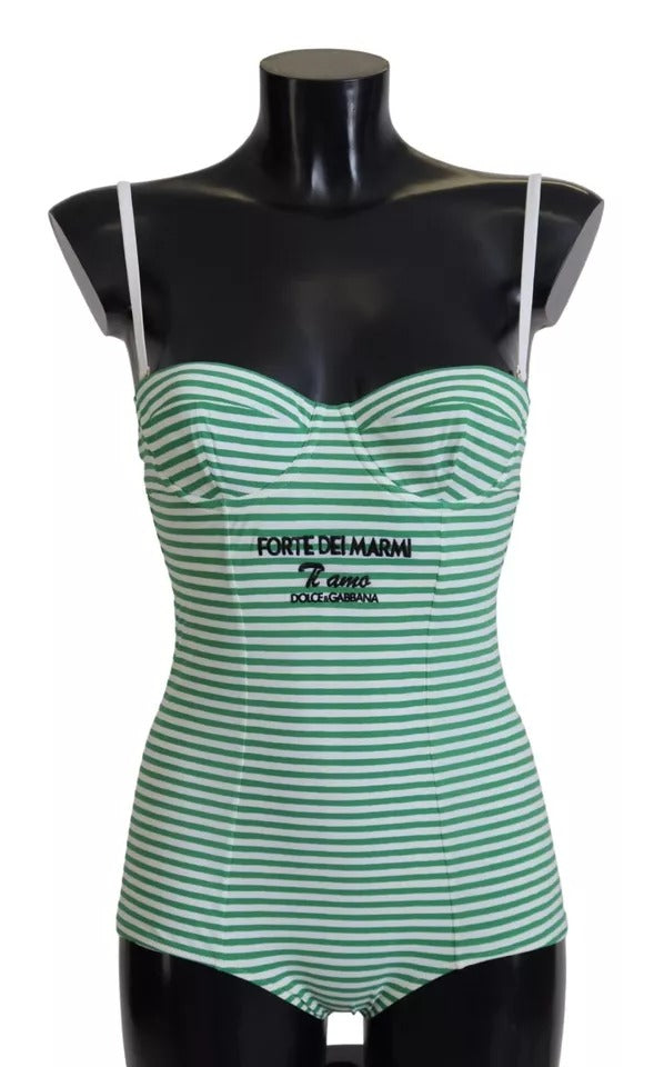 Dolce & Gabbana White Green Stripes One Piece Beachwear Swimwear Dolce & Gabbana