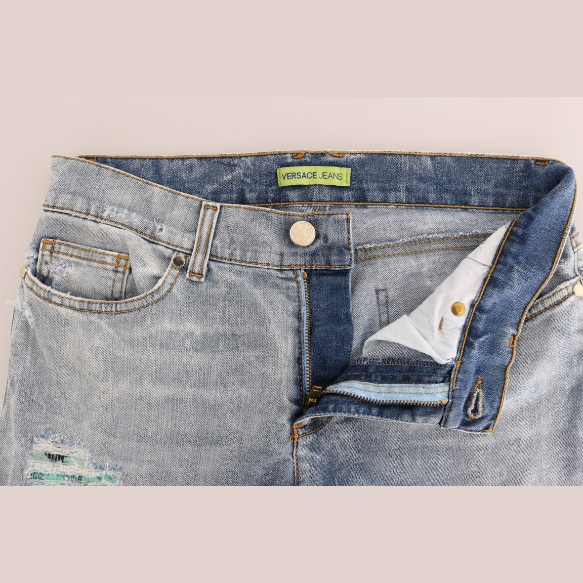 Versace Jeans Blue Wash Torn Stretch Slim Fit Jeans