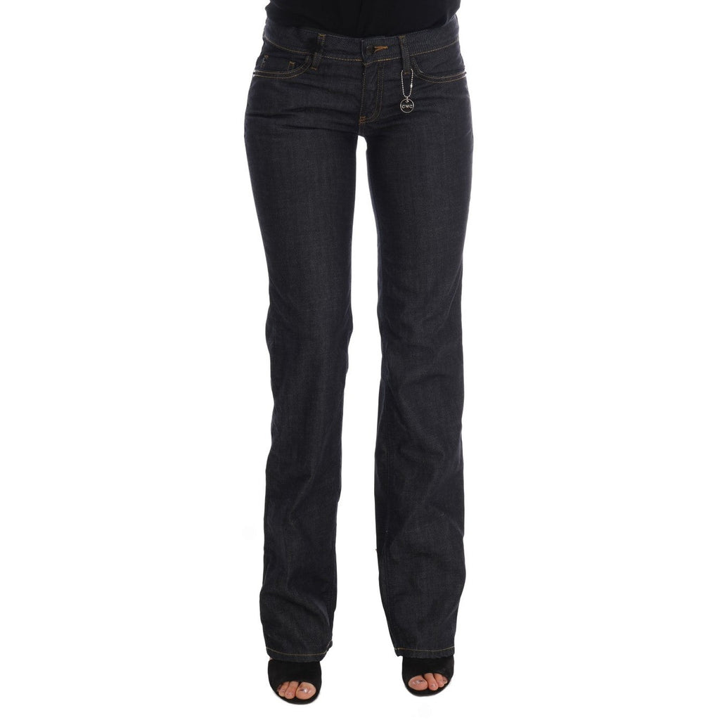Dark blue cotton jeans by Costume National featuring a classic fit and minimalist design, shown on a model.