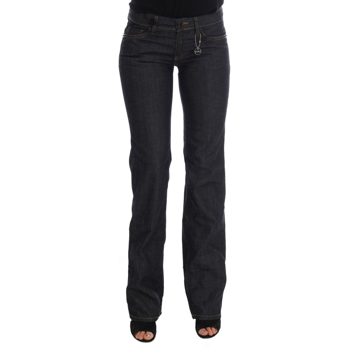 Dark blue cotton jeans by Costume National featuring a classic fit and minimalist design, shown on a model.