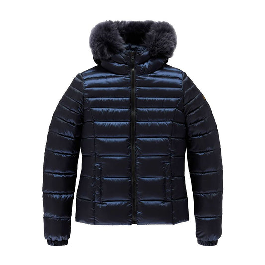 Refrigiwear Blue Nylon Women Jacket with Feather Padding and Fur Hood Refrigiwear