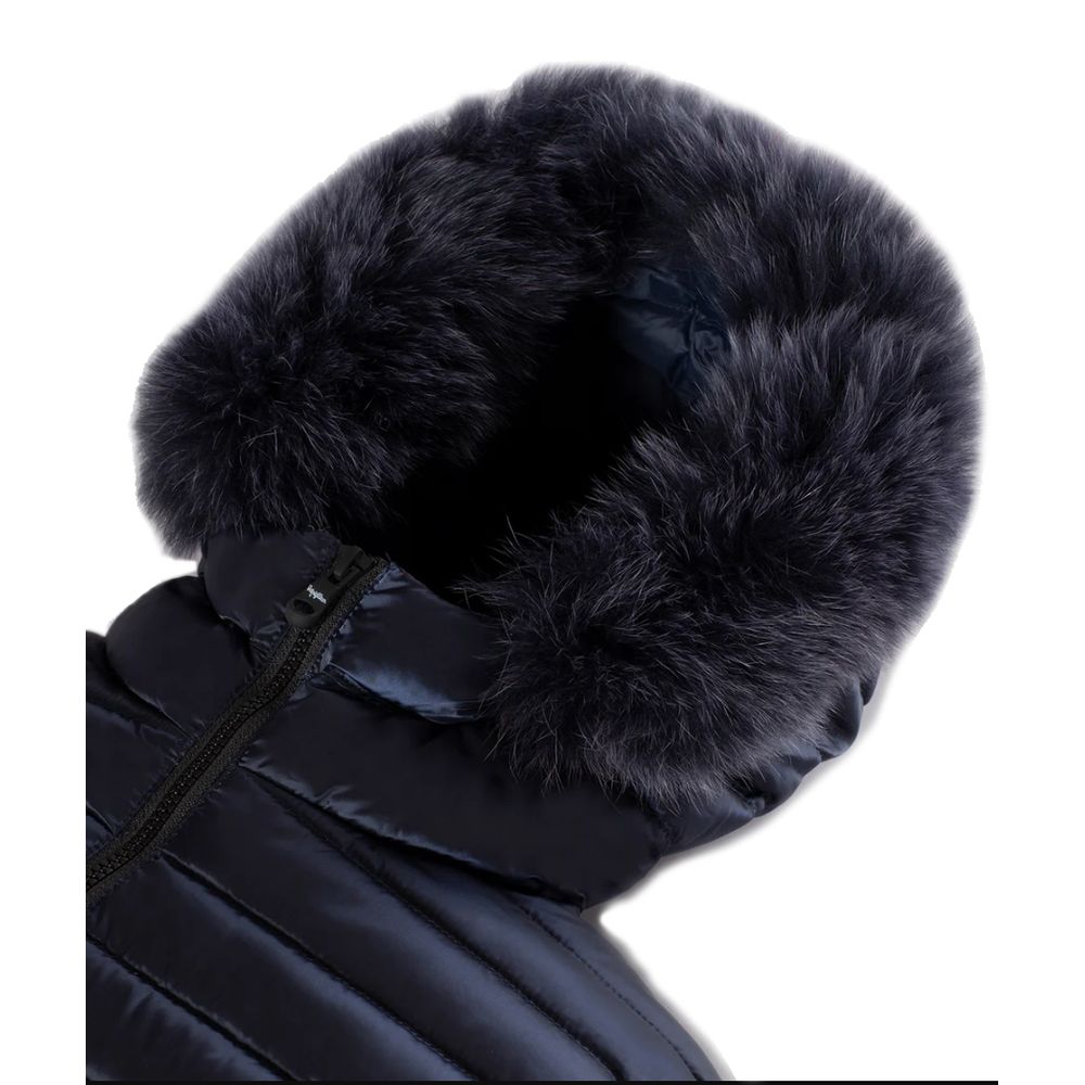Refrigiwear Blue Nylon Women Jacket with Feather Padding and Fur Hood Refrigiwear