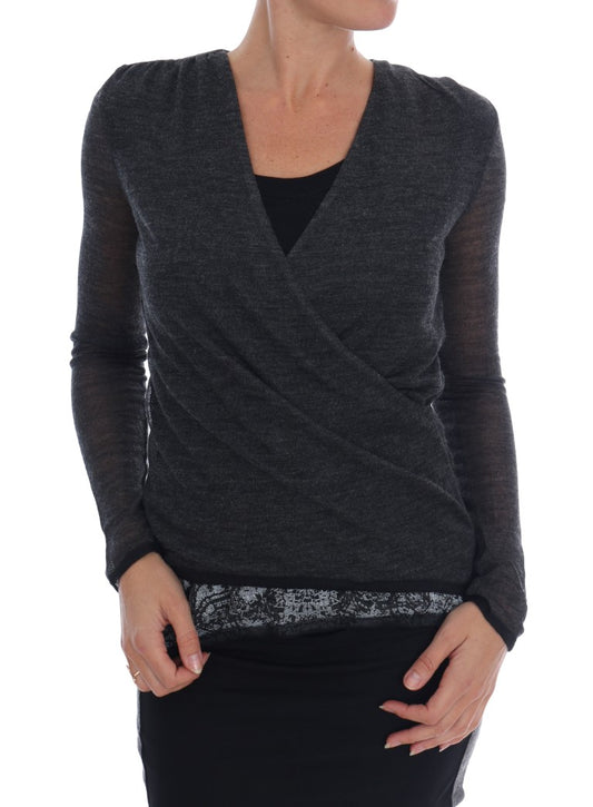 Ermanno Scervino Gray Wool Lace Top Long Sleeved T-shirt Ermanno Scervino