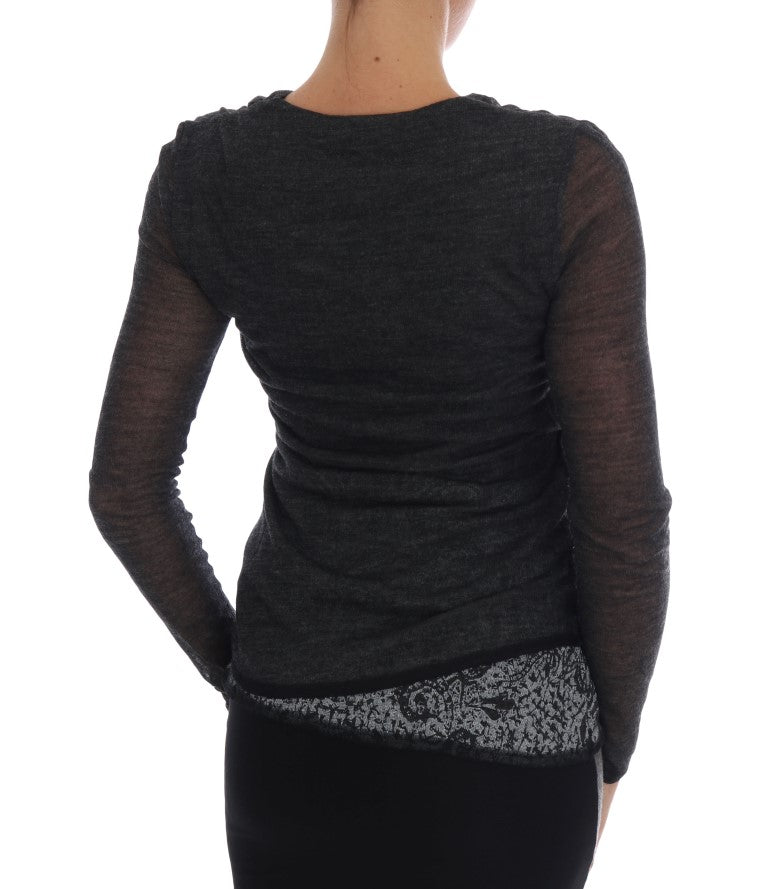 Ermanno Scervino Gray Wool Lace Top Long Sleeved T-shirt Ermanno Scervino