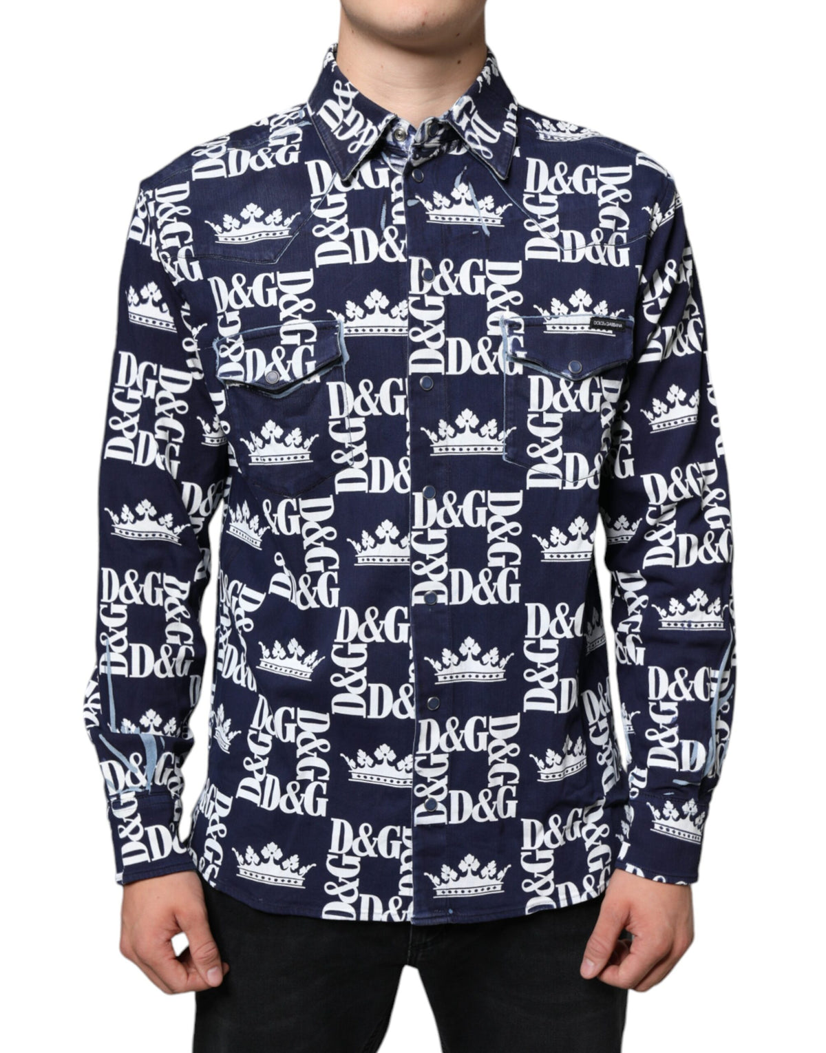 Dolce & Gabbana Blue Crown Logo Print Slim Fit Cotton Shirt - Eljoys Fashion 