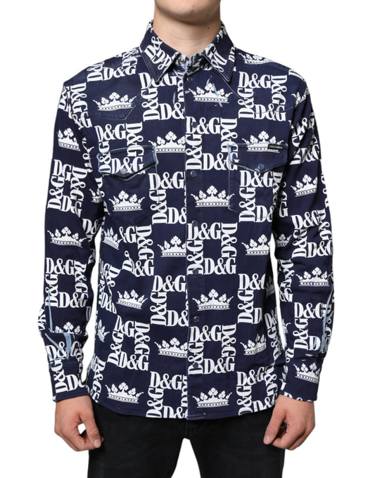 Dolce & Gabbana Blue Crown Logo Print Slim Fit Cotton Shirt Dolce & Gabbana