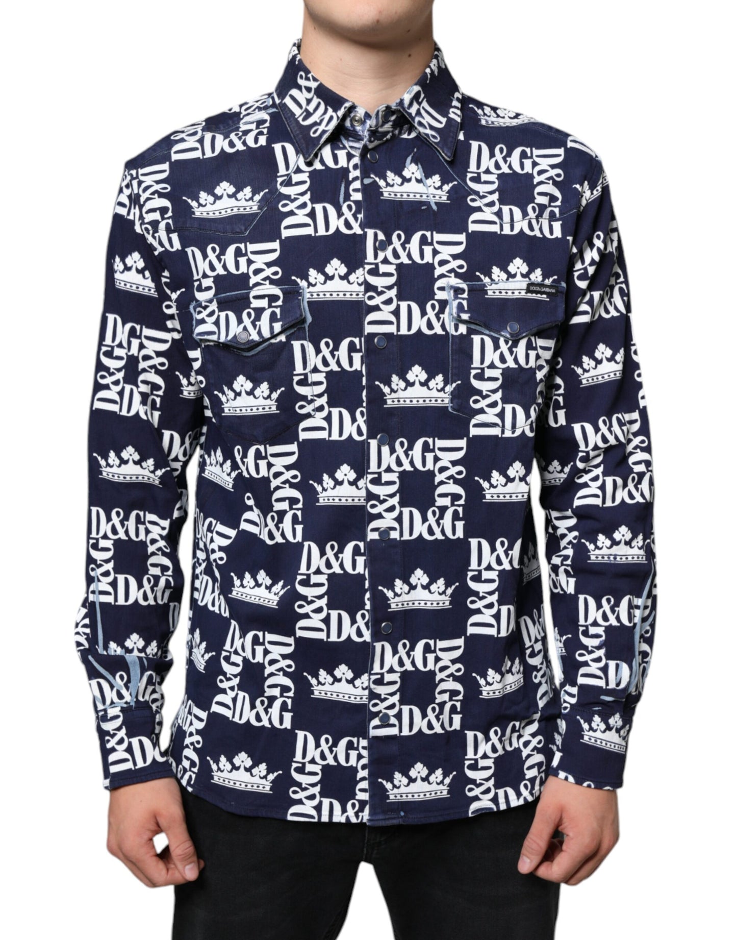Dolce & Gabbana Blue Crown Logo Print Slim Fit Cotton Shirt Dolce & Gabbana