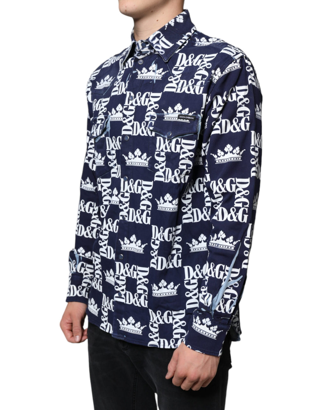Dolce & Gabbana Blue Crown Logo Print Slim Fit Cotton Shirt - Eljoys Fashion 