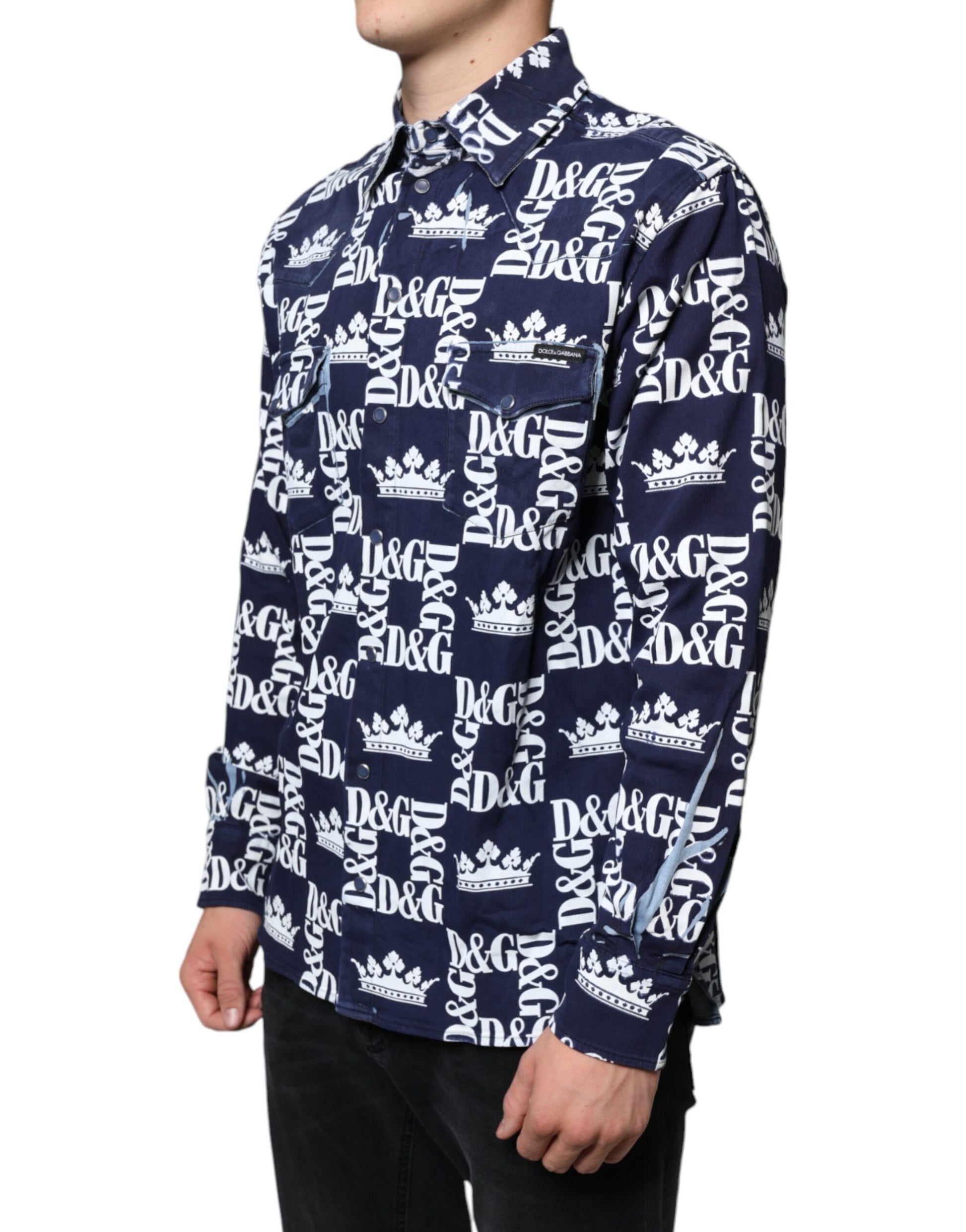 Dolce & Gabbana Blue Crown Logo Print Slim Fit Cotton Shirt Dolce & Gabbana