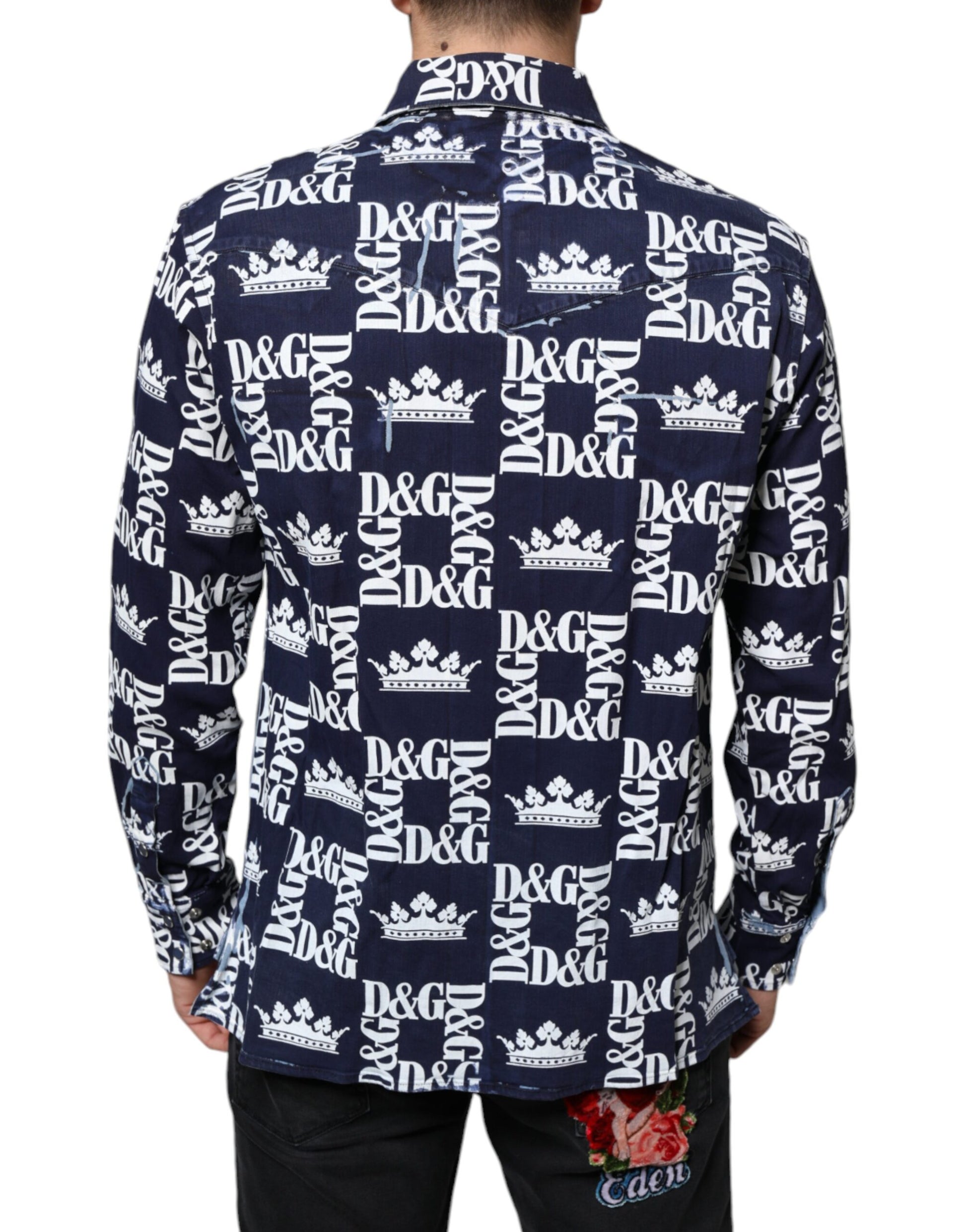 Dolce & Gabbana Blue Crown Logo Print Slim Fit Cotton Shirt Dolce & Gabbana